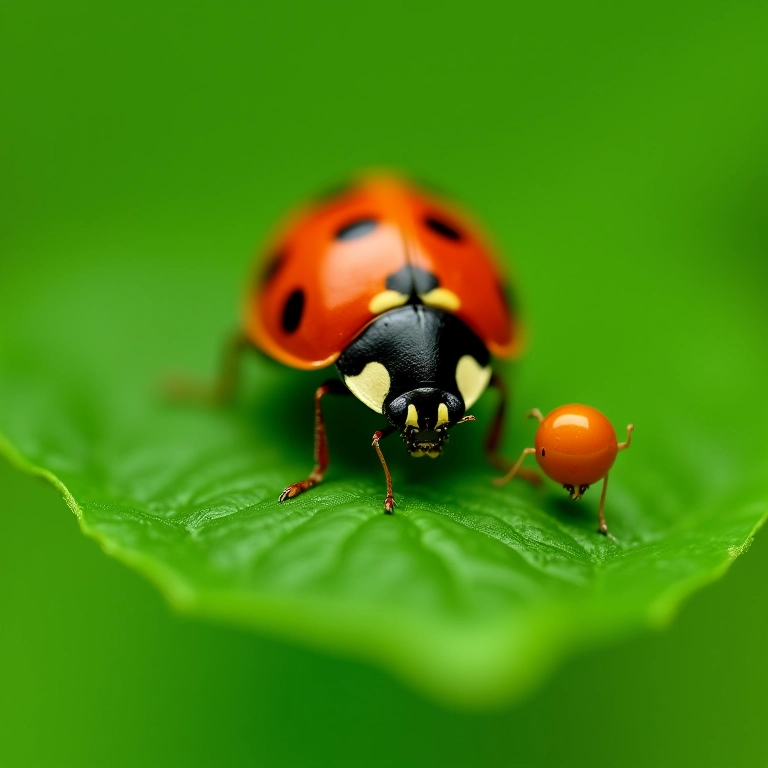 Joaninha predando pulgões em folha de planta.