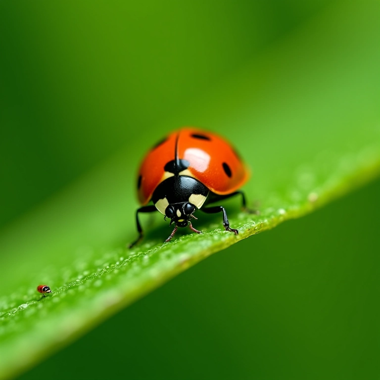 Joaninha predando tripes em folha de planta.