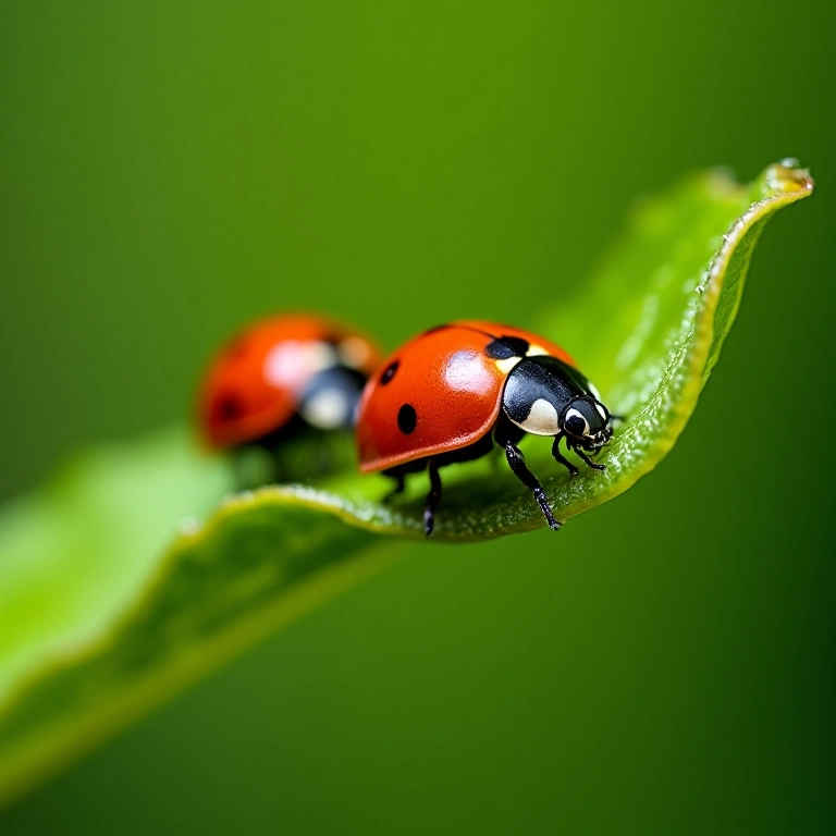 Joaninhas predando pulgões em folha.