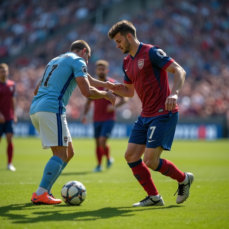 Jogador de futebol ajudando adversário a levantar, demonstrando respeito.