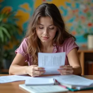 Jovem adulta analisa documentos de financiamento estudantil em mesa colorida com decoração brasileira.
