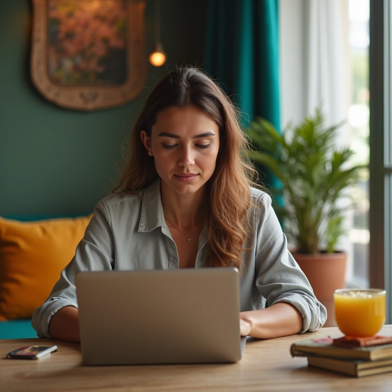 Jovem brasileira pesquisando opções de investimento em seu laptop.