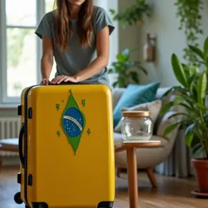 Jovem brasileira planejando viagem econômica, dicas de economia.
