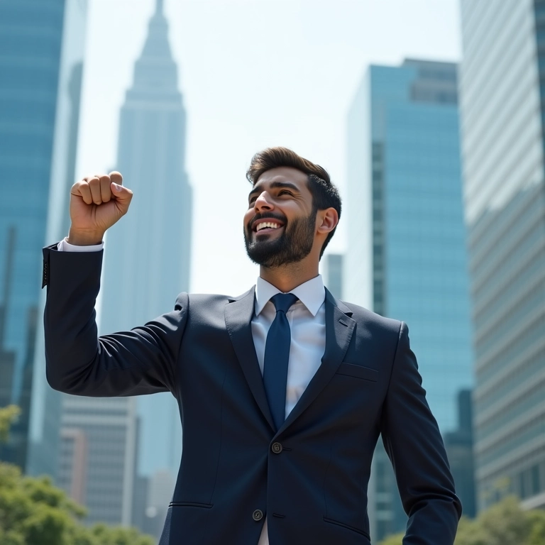 Jovem brasileiro comemorando investimento bem-sucedido na bolsa de valores.