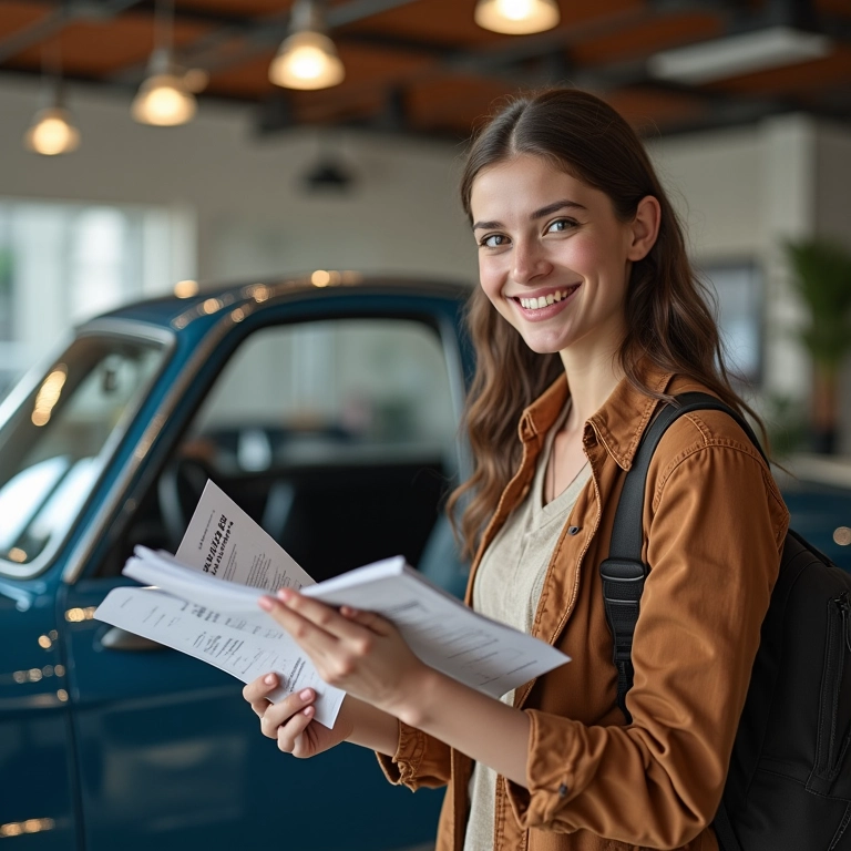 Jovem comprando carro clássico, sorrindo, documentos financeiros.