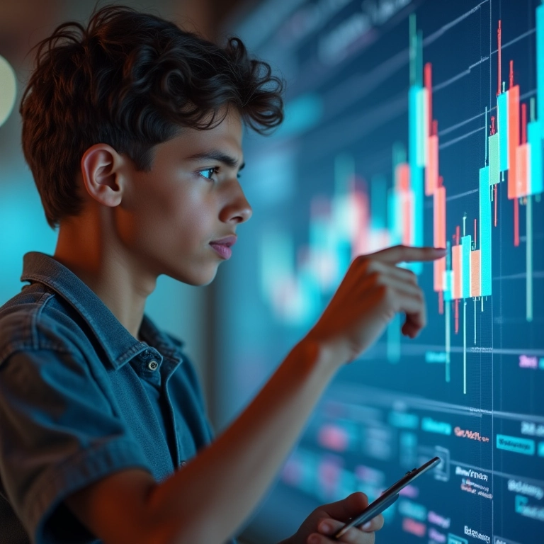 Jovem empreendedor brasileiro analisando um gráfico.