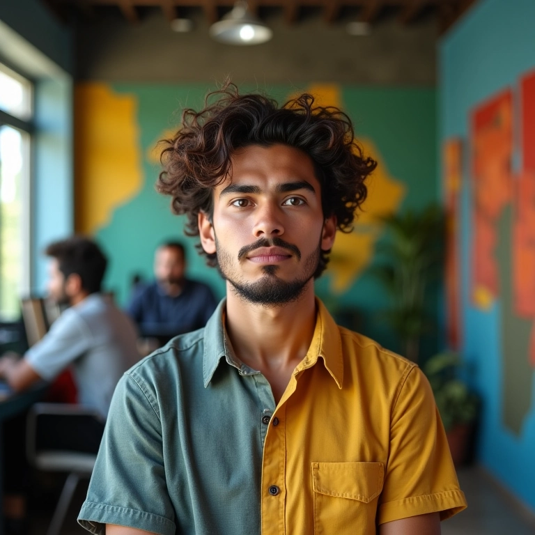 Jovem empreendedor brasileiro parecendo determinado.