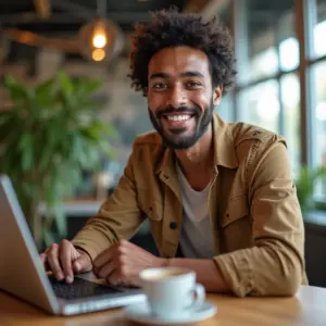 Jovem empreendedor brasileiro sorrindo em um espaço de co-working moderno.