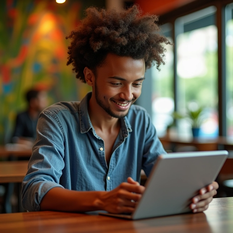 Jovem empreendedor criando um plano de negócios simples em um tablet.