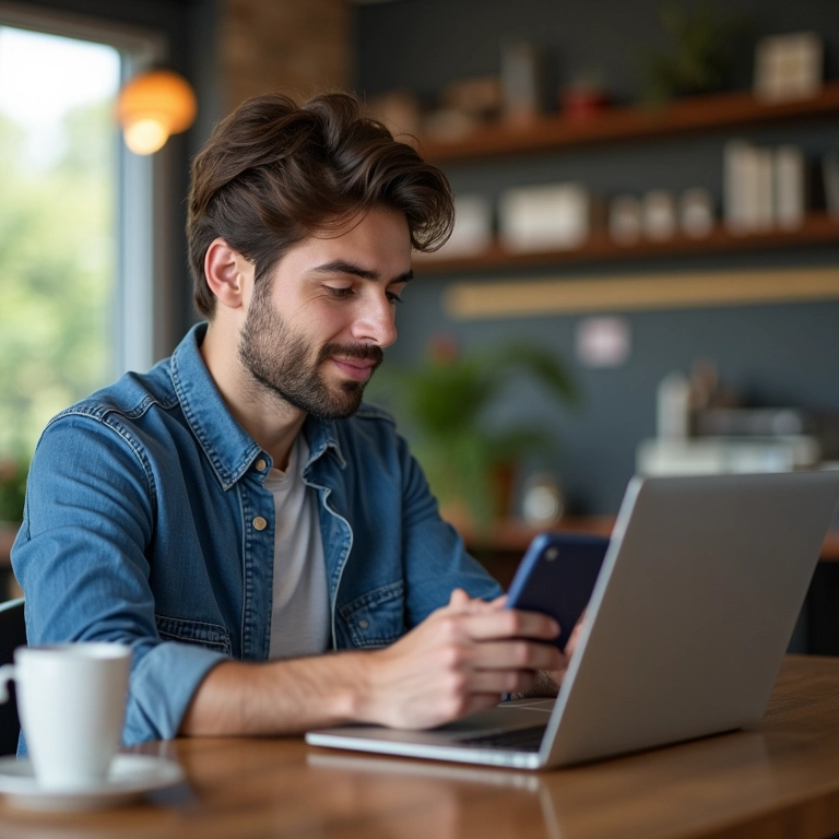 Jovem empreendedor executando anúncios de mídia social.