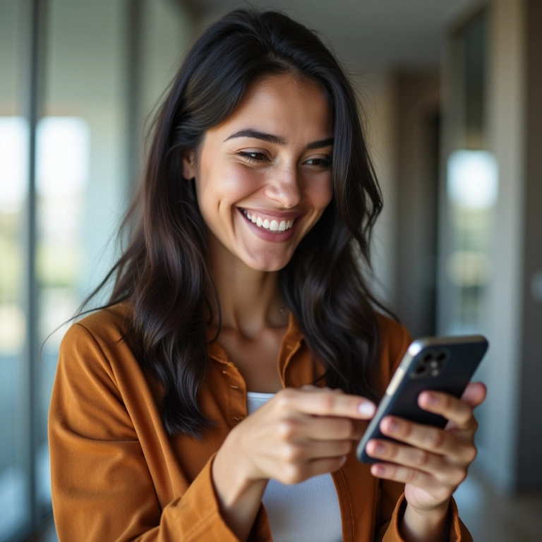 Jovem investidora usando app de investimentos.