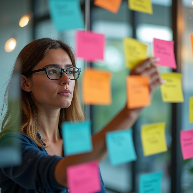 Jovem mulher fazendo brainstorming com post-its coloridos.