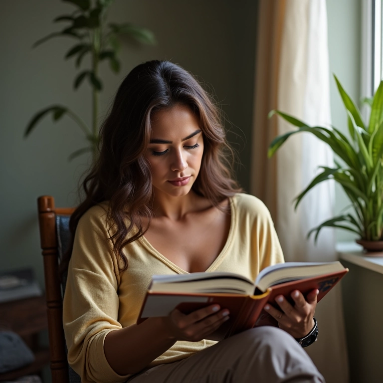 Jovem mulher lendo um livro de negócios.