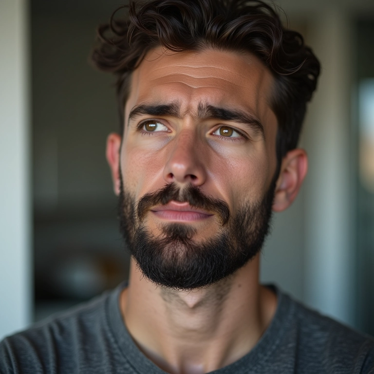 Jovem preocupado com o impacto dos hormônios no crescimento da barba.