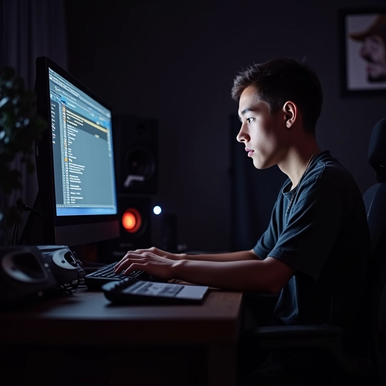 Jovem produtor criando funk em computador com software avançado.