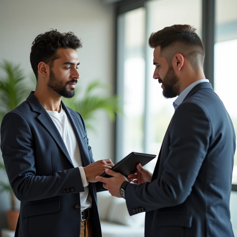 Jovem profissional demonstrando novas tecnologias para um executivo sênior.