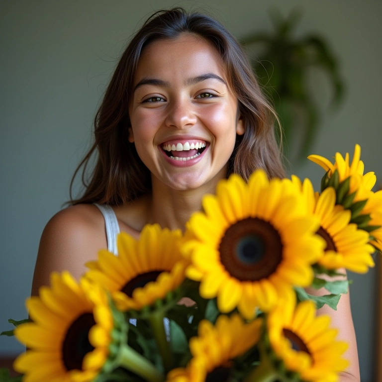 Jovem recebendo um buquê de girassóis, irradiando alegria e gratidão.