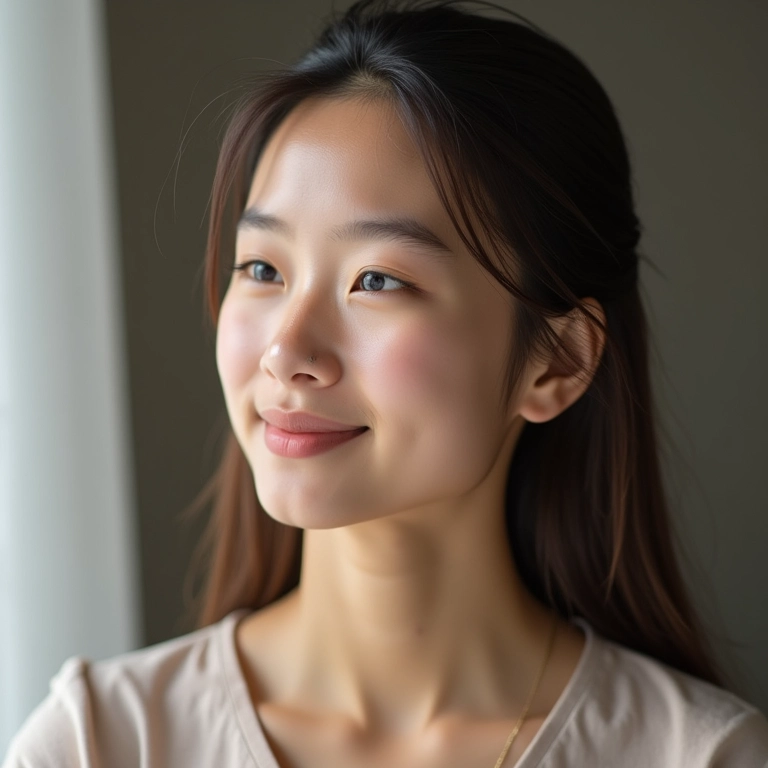 Jovem sorrindo com resultado sutil de rinomodelação após 12 meses.