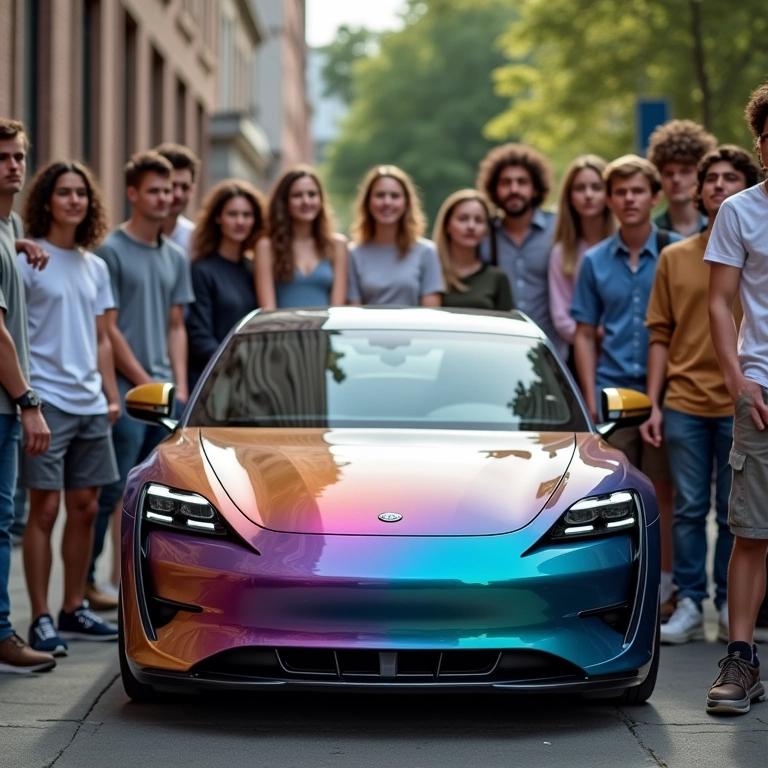 Jovens escolhendo as cores de um carro estiloso de 2025.