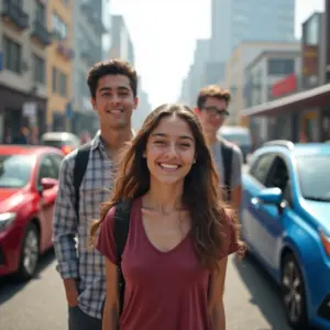 Jovens felizes em diferentes carros acessíveis de 2025.