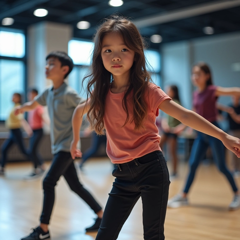 Jovens trainees praticando coreografia em uma agência de talentos de K-pop.