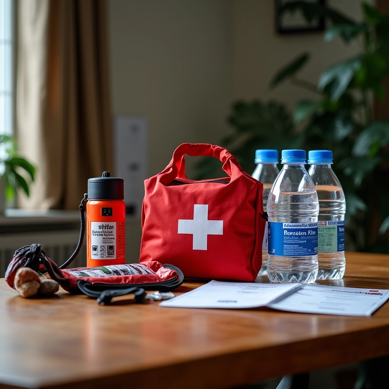 Kit de emergência para tsunami com lanterna, água e primeiros socorros.