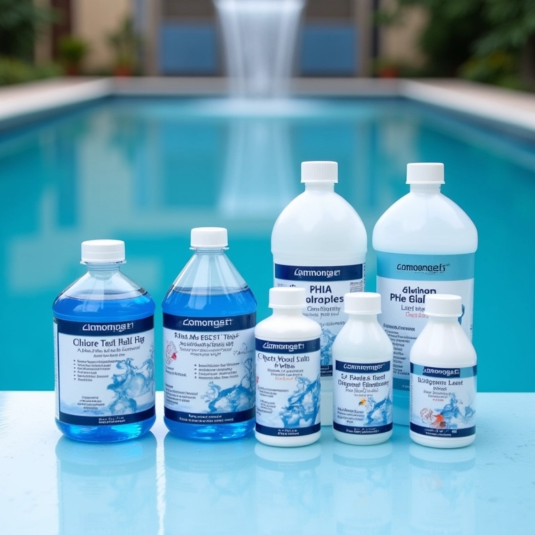 Kits de teste e produtos químicos para manutenção de piscinas.