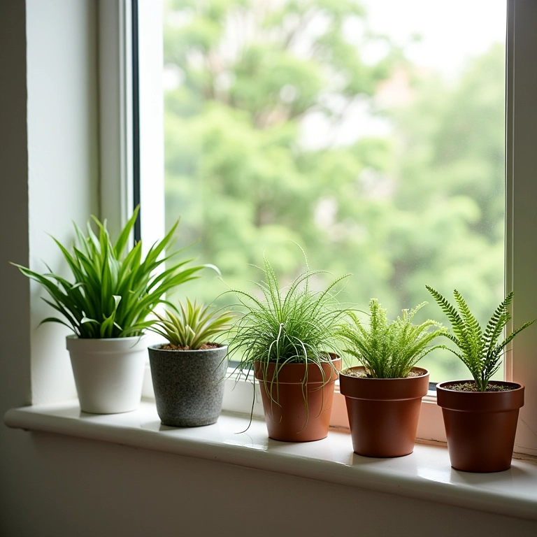 Kokedamas em peitoril de janela ensolarado em casa brasileira.