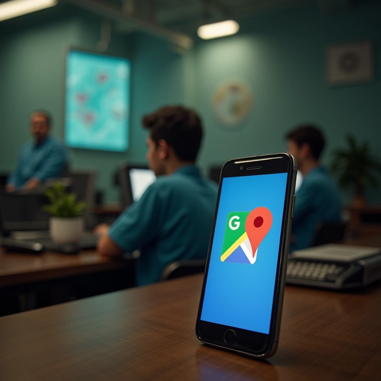 Laboratório de computadores antigo evoluindo para um smartphone com o logo do Google Maps.