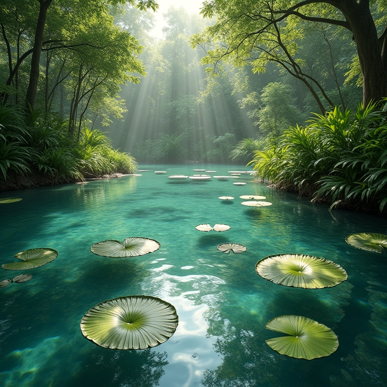 Lagoa tranquila com água clara, nenúfares e vegetação exuberante ao redor.