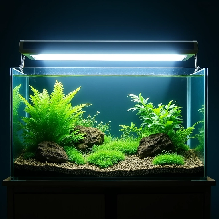 Lâmpada fluorescente iluminando aquário plantado.