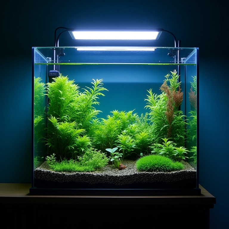 Lâmpada LED iluminando aquário plantado.