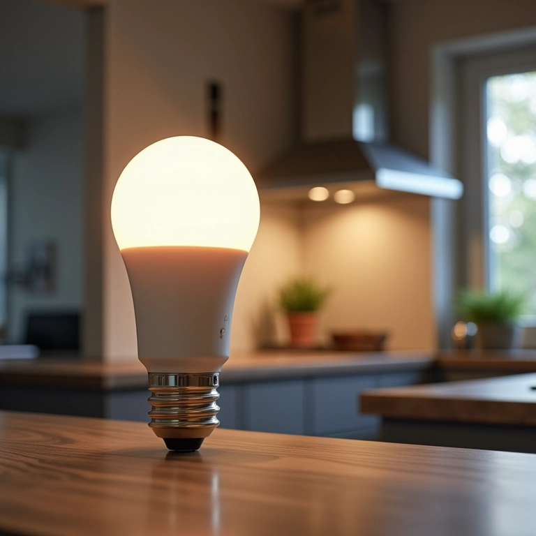 Lâmpadas LED modernas em cozinha bem iluminada.