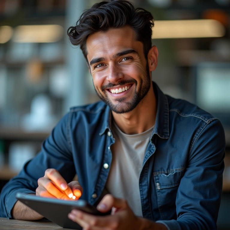 Lapidador sorrindo com tablet mostrando vantagens MEI.