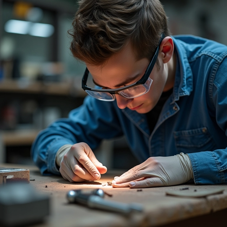 Lapidador usando óculos de proteção em oficina.