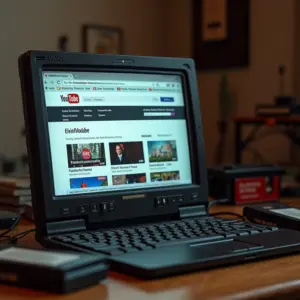 Laptop antigo mostrando a página inicial do YouTube em 2005, cercado por fitas VHS.