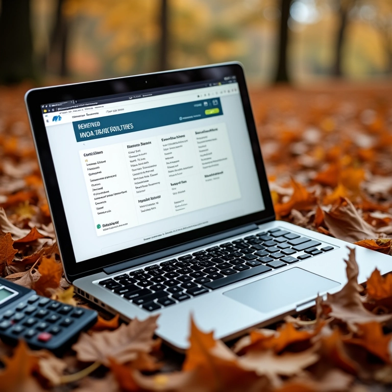 Laptop mostrando passos para registro MEI, folhas de castanha e calculadora.