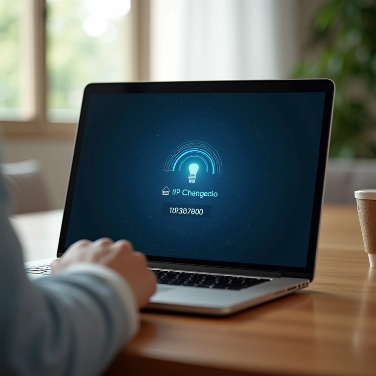 Laptop mostrando um endereço IP dinâmico mudando na tela.