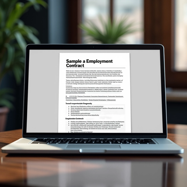 Laptop mostrando um modelo de contrato de trabalho.