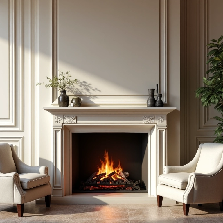 Lareira clássica com molduras elegantes e poltronas tradicionais.