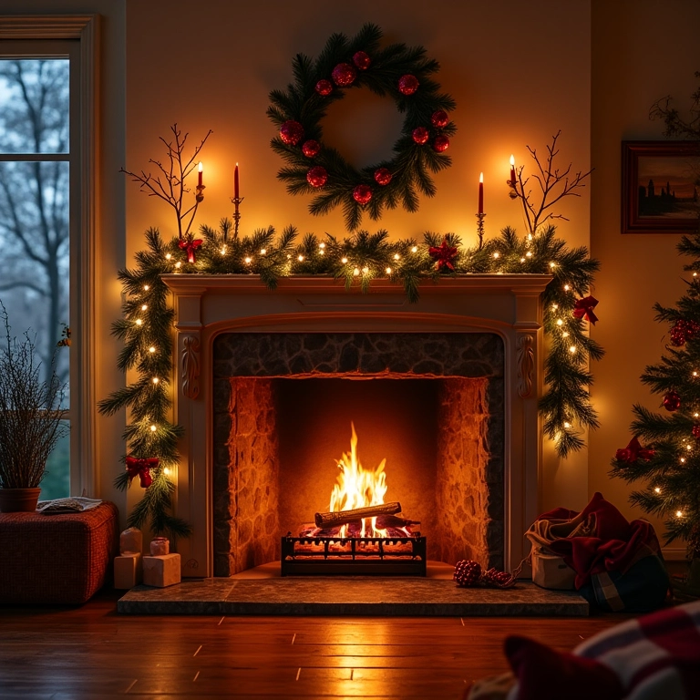 Lareira decorada para o Natal, com enfeites festivos.