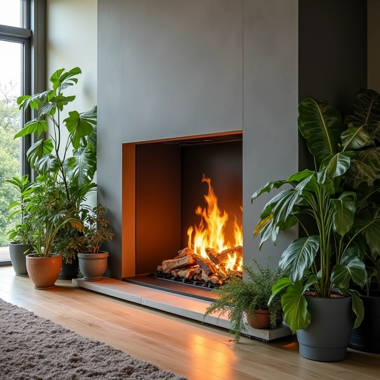 Lareira ecológica a bioetanol com design sustentável e plantas ao redor.