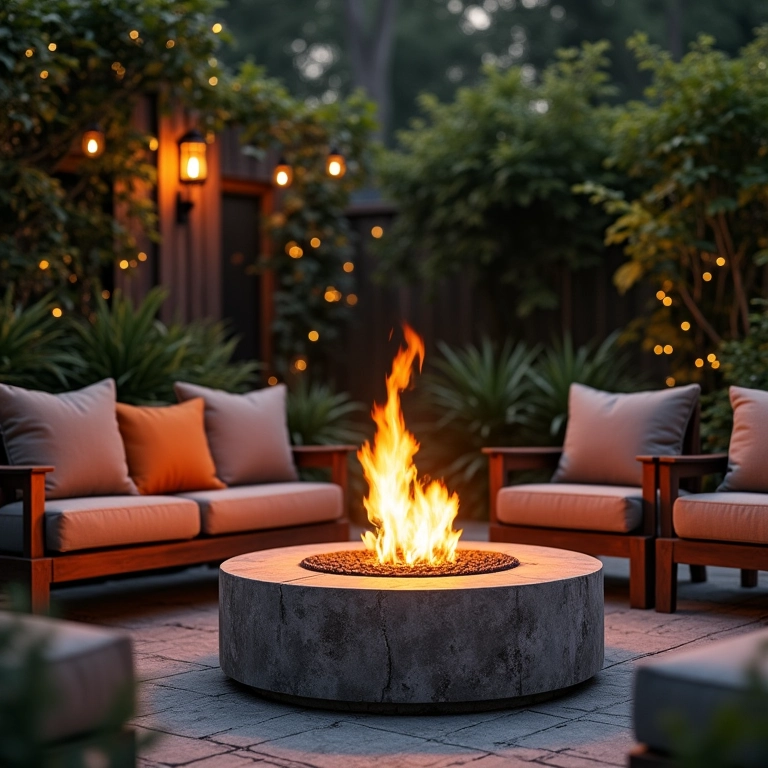 Lareira externa no jardim, luz acolhedora, assentos confortáveis, energia e paixão.