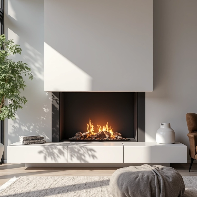 Lareira moderna com design minimalista e linhas retas.