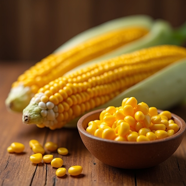 Lata de milho aberta ao lado de um bowl com grãos de milho fresco.