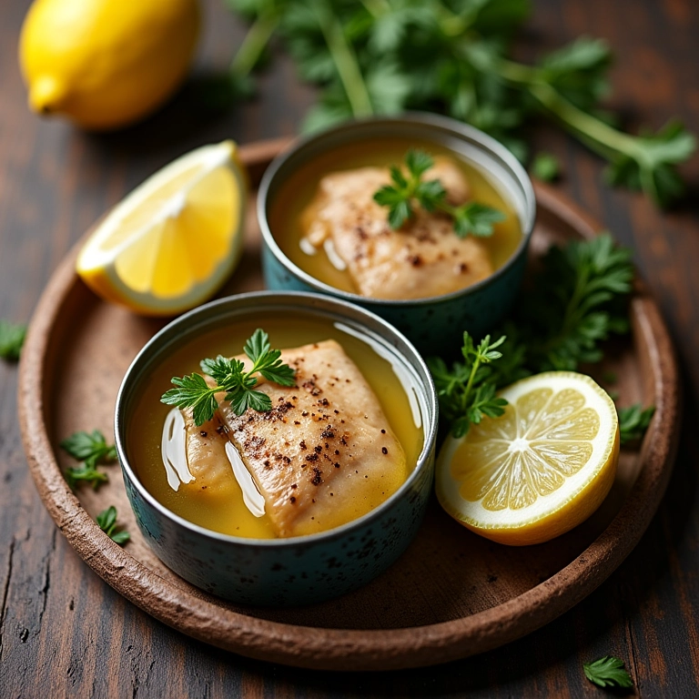 Latas de atum ao natural e em óleo abertas sobre mesa rústica.