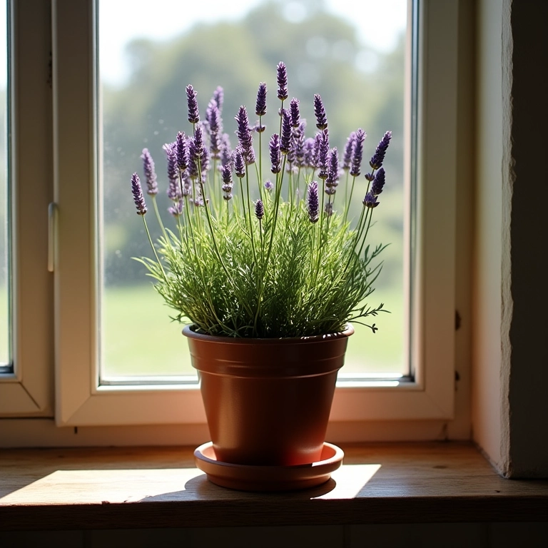 Lavanda em um vaso rústico no parapeito da janela.