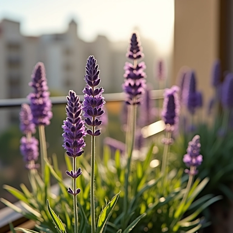 Lavanda florida em varanda ensolarada de apartamento brasileiro.