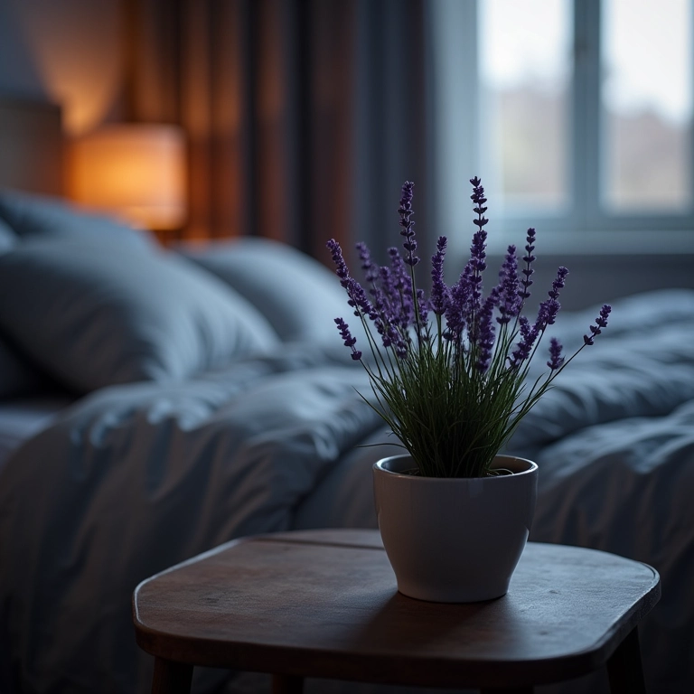 Lavanda na mesa de cabeceira, promovendo uma noite de sono tranquila.