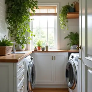 Lavanderia pequena e bem organizada com decoração vibrante em estilo brasileiro.